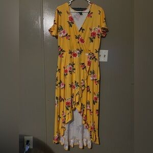 rue21 women's xl gold / yellow floral print dress - frilly, midi length, stretch
